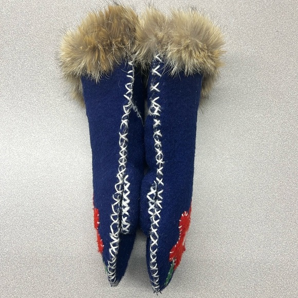 Rabbit Fur Trimmed Blue Wool Flower Mitten - Picture 3 of 7